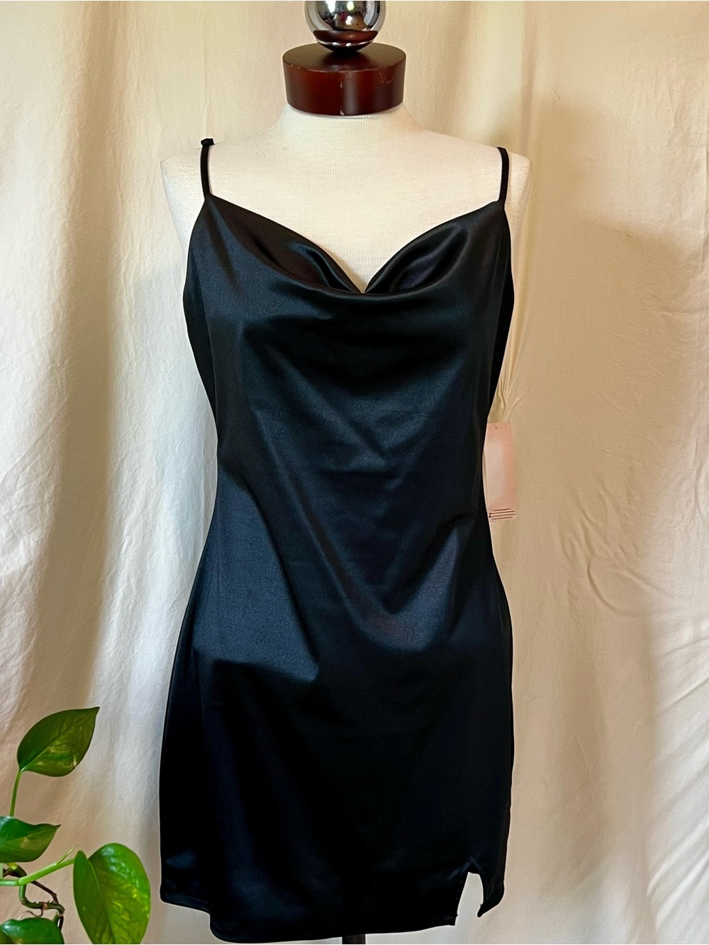 Inspired Hearts Black Satin Slip Dress with Cowl Neck